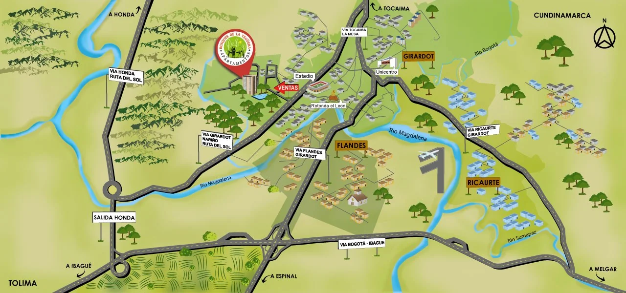 Mapa ilustrado: el proyecto queda sobre la vía Girardot–Nariño (Ruta del Sol), cerca del estadio y la Rotonda El León; la sala de ventas está junto al proyecto