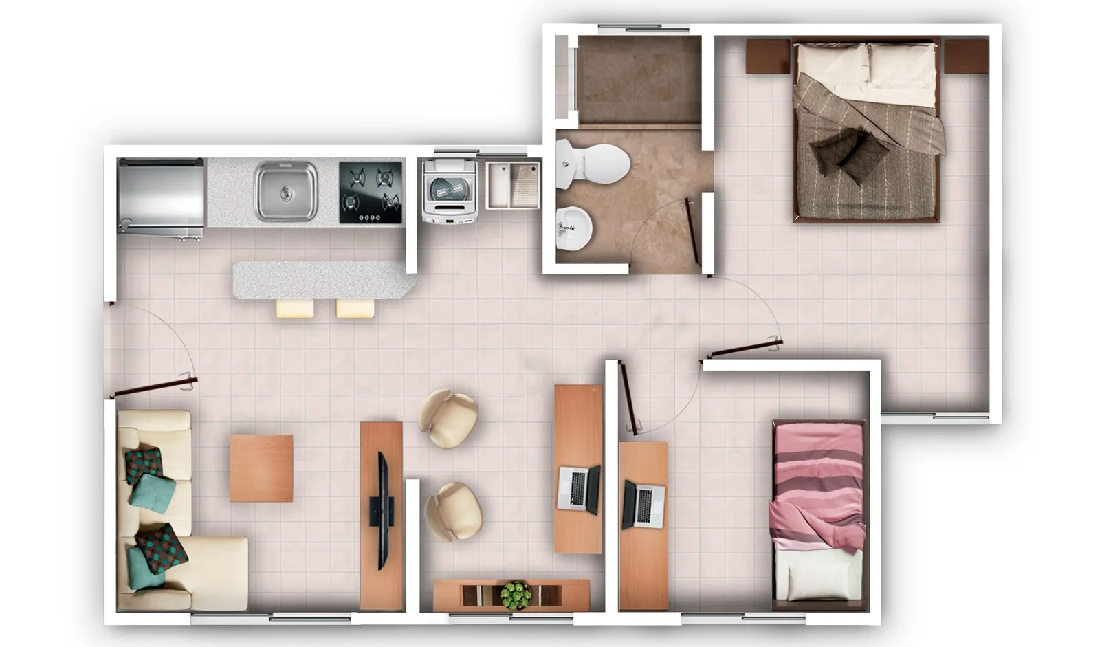 Plano del apartamento terminado con 2 alcobas y estudio