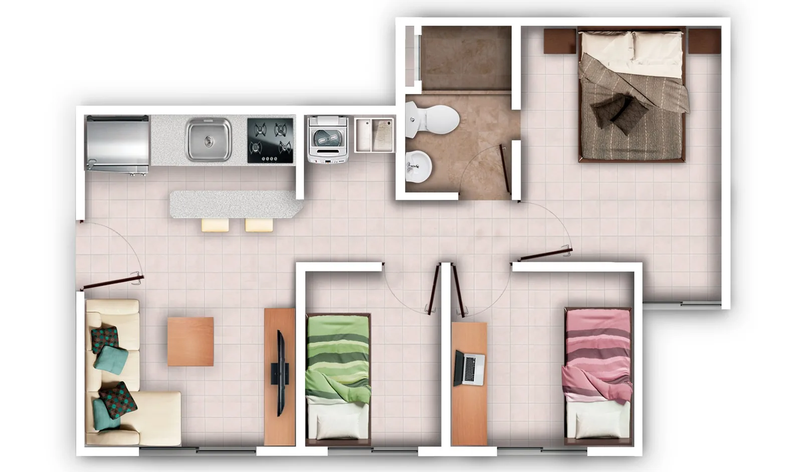 Plano del apartamento terminado con 3 alcobas